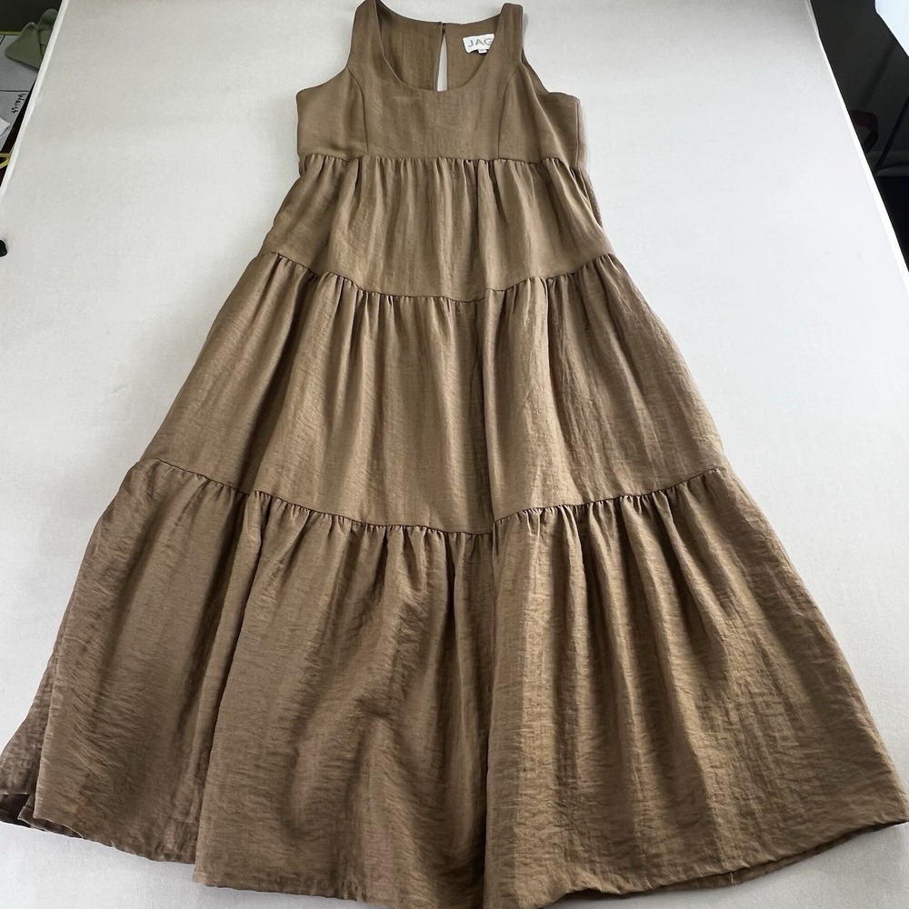 Jag Australia Midi Tiered Dress Tan Linen Pockets Sz XS